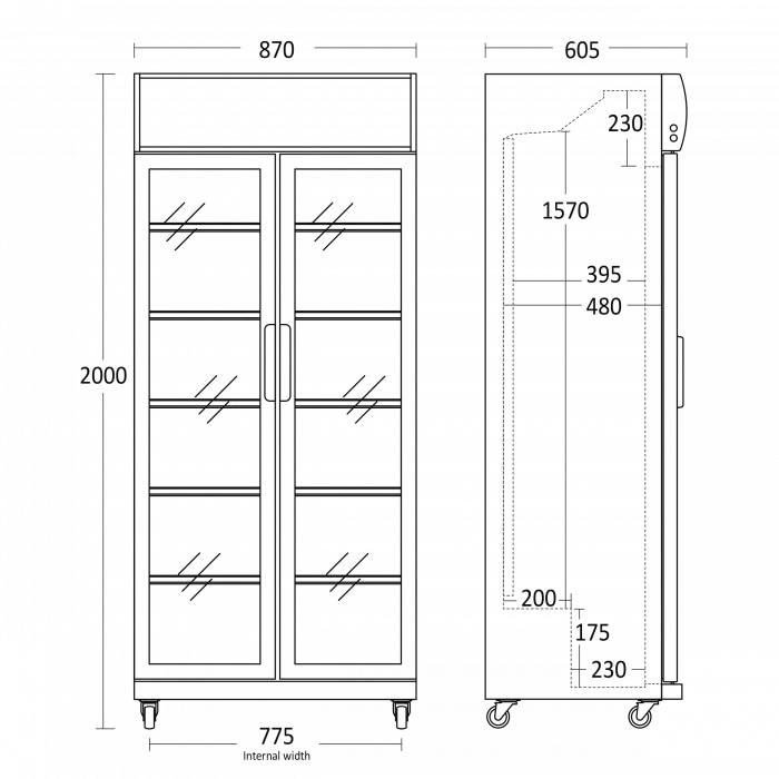 MG Hofmann Getränkekühlschrank schwarz mit 2 klappbaren Glastüren und Werbedisplay | 569 Liter